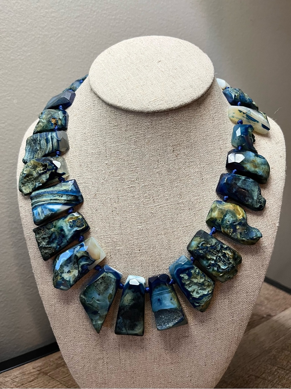 Sterling Silver Blue Agate Statement Necklace - Polished Slab Beads